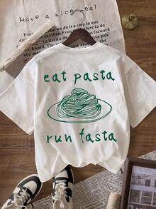 女士休闲圆领短袖T恤，意大利面印花，夏季外出