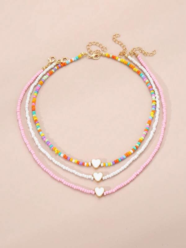 Set de 3 collares para niñas con cuentas de corazón de colores