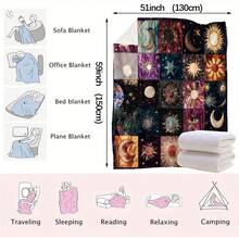 1pc Vintage Sun & Moon Print Flannel Blanket - Soft Blue & White Flannel Blanket With Digital Printing, Machine Washable, Ideal For Travel, Sofa, Bed, Office And Home Decor - Perfect Birthday And Holiday Gift For Boys, Girls And Adults - Multicolor - View 15