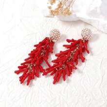1 Pair Fashionable Red Coral Tassel Resin Earrings, Suitable For Women To Wear To Festivals, Parties, And Dates