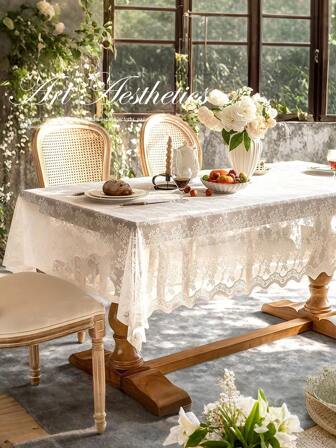 1pc French Lace Romantic White Hollow Floral Tablecloth, Wedding Decoration