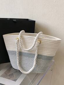 女款多功能卡其色編織草編托特包，適合休閒日常使用 - 淺灰色 - 查看 1