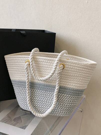 女士休闲百搭卡其色草编手提包