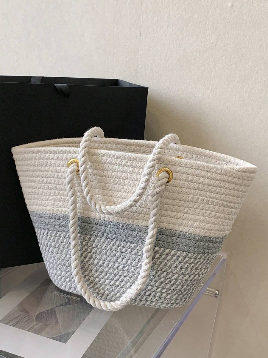 女款多功能卡其色編織草編托特包，適合休閒日常使用 - 淺灰色 - 查看 1