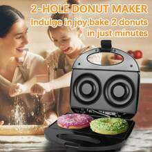 Máquina de fazer donuts, assa 2 donuts, aquecimento duplo, superfície antiaderente, perfeita para café da manhã, uso comercial ou doméstico, fácil de limpar