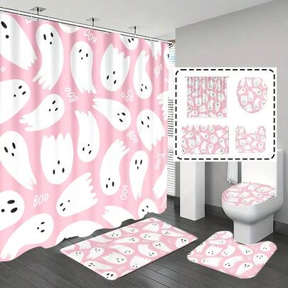 [الاختيار الشعبي] 1 قطعة / 4 قطع طقم ستارة حمام، ديكور حمام،نمط شبح جميل على خلفية وردية، ديكور موضوع عيد الهالوين واليوم الميت، طقم حمام أنيق وكلاسيكي بسيط، يشمل 12 قلاب