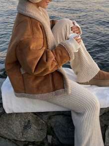 1 Peça Casaco Feminino Vintage de Lã Solta com Gola de Pele, Outono/Inverno