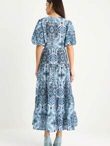 BIANCO LUCCI Women's Round Neck Balloon Sleeve Patterned Linen Textured Long Dress - Blue - View 2