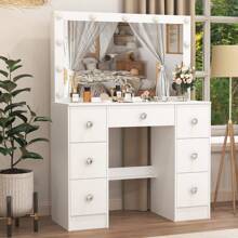 Vanity Dressing Table Desk Set With LED Lighted Mirror 7 Drawers Crystal Handle  Vanity Dressing Table Desk Set