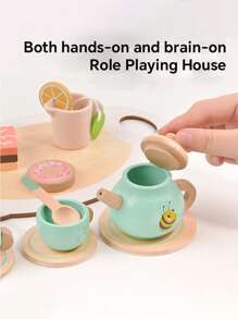 1 Set de té de madera para niños pequeños de 3+ años - Juguete de postre de Set simulado con tetera y galletas, regalo educativo Montessori para Sets de roles, juguete imaginativo para fiesta de cumpleaños