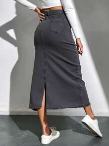 Falda vaquera larga para mujeres de color gris oscuro con flecos, tela transpirable y cómoda, ideal para estilos casuales y elegantes - Gris - Ver 3