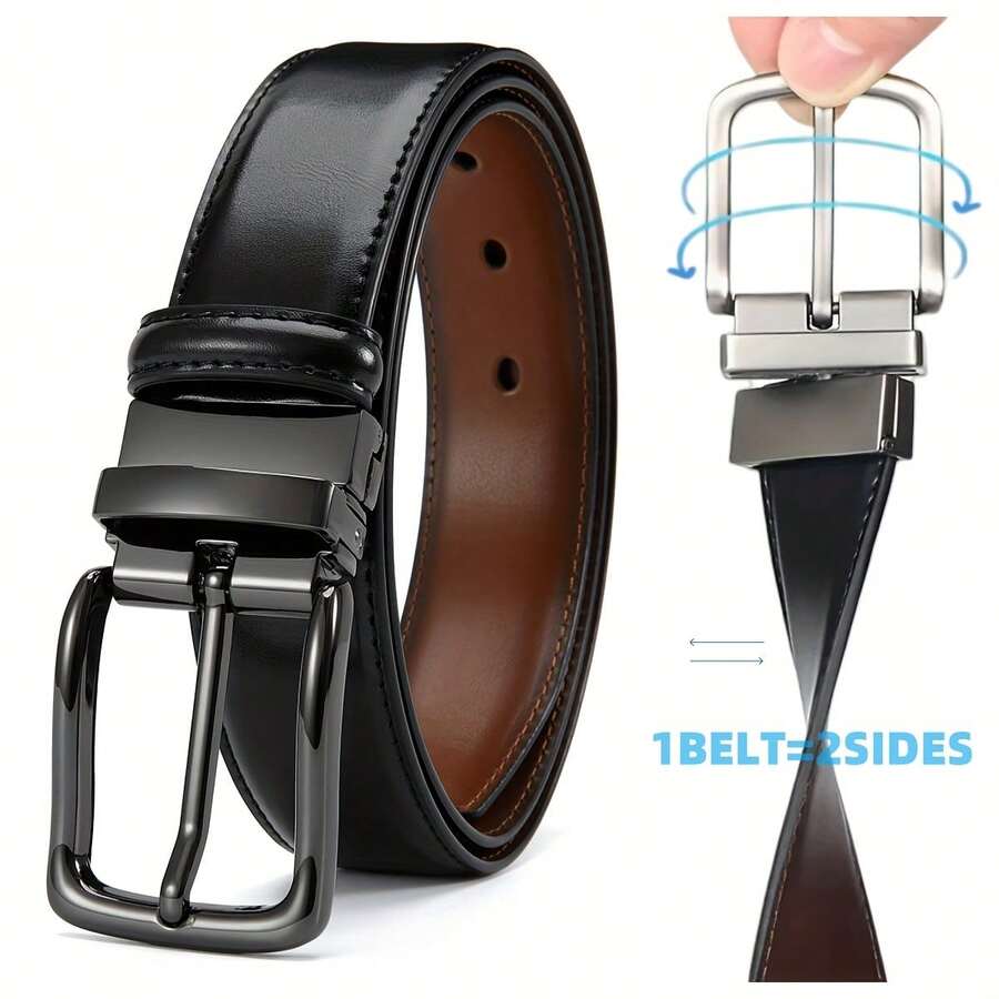 YOORAN Men's Swivel Pin Buckle Double-Sided Leather Belt 1 3/8" Dress Pants - 2 Styles In One Belt - 黑色/棕色 - 查看 1