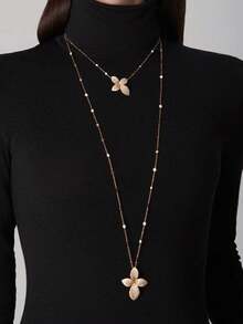 1 pieza Collar de mujer de doble capa con flores de cristal, accesorio de joyería con pétalos florales geométricos, esencial para el verano - Flor dorada - Ver 1