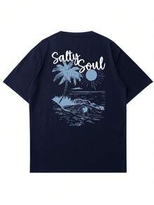 男士时尚个性化字母和棕榈树印花短袖T恤 - 藏蓝色 - 查看 4