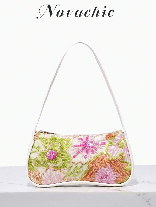 Novachic, 1pc, Vacation Style Summer Bags, Colorful Floral Beaded Decor, Minimalist, Summer Holiday Vibes, Women Zipper Handle Tote Bag, Shoulder Bag, Suitable For Vacation, Parties, Etc. (Floral Position Random)