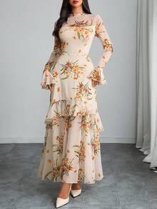 Women's Gothic Elegant Sexy Mesh Patchwork Colorful Floral Print Retro Flare Sleeve Ruffle Hem Fishtail Double Layer Dress - Multicolor - View 2