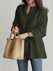 Tops-V-Neck Versatile Tunic Women's Cross-Border New Retro Casual Loose Long-Sleeved Lace-Up Top