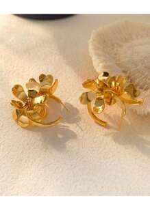 1 Pair Stainless Steel Exaggerated Gold Flower C-Shaped Hoop Earrings, Vintage Chic High-End Fashion Earrings For Women