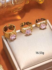 3pcs/Set Stainless Steel Gold & Pink Tone Gemstone Rings, Suitable For Women Daily Accessories Or Gifts
