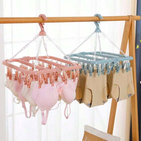 1pc PP Plastic Drying Rack With Clothespins, Foldable Clip And Drip Clothes Hanger With 32 Pins Clips, Windproof Hanging Drying Rack For Clothes, Underwear, Socks And More,Not Suitable For Hanging Heavy Coats And Jeans Dress Pants Shoes Jeans Boots Skirt,Spring,Minimalist,Summer Tops