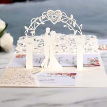 1set Heart-Shaped 3D Pop Up Wedding Invitations Card Laser Cut Tri-Fold Bride & Groom Greeting Cards For Wedding Marriage Bridal Anniversary Party Supplies, 1 Outer Cover And 2 Blank Insert
