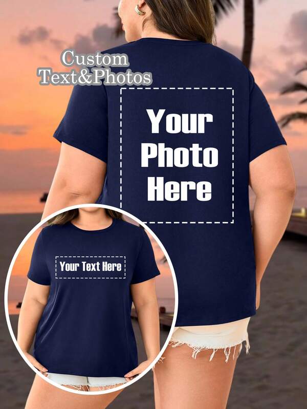 Große Größen Individuell gestaltete T-Shirts für Damen - Fügen Sie Ihren Text und Fotos hinzu (Landschafts-/Abzeichen-Muster/Paar-Foto/Familien-Foto/Selfie/Haustier), Beidseitiger Muster, Gestalten Sie Ihr eigenes personalisiertes bedrucktes T-Shirt
