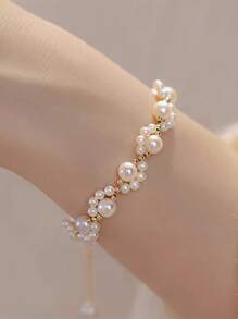 1pc Elegant Faux Pearl Braided Cat Scratch Bracelet, Fashionable Cute Bridal Accessory Gift For Friends, Mother
