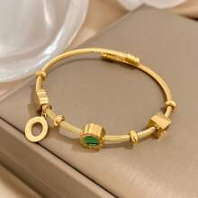 1 pieza Brazalete ajustable de tono dorado elegante con cuentas verdes y negras, diseño de números romanos - Excelente para uso diario, fiestas, regalos de Navidad y Día de San Valentín
