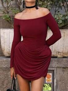 Budhaul Women European & American Style Solid Color Off Shoulder Long Sleeve High Waist Short Dress, New For Autumn, Party Dress, Wedding Guest Dress