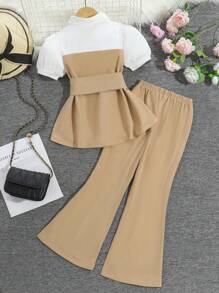 Set casual pentru fete, 2 piese, top cu guler cu nasturi, mânecă scurtă, color block, și pantaloni evazați minimalisti, ținută de primăvară/vară, potrivită pentru exterior, ținute casual, cadouri, petreceri, școală, întoarcerea la școală