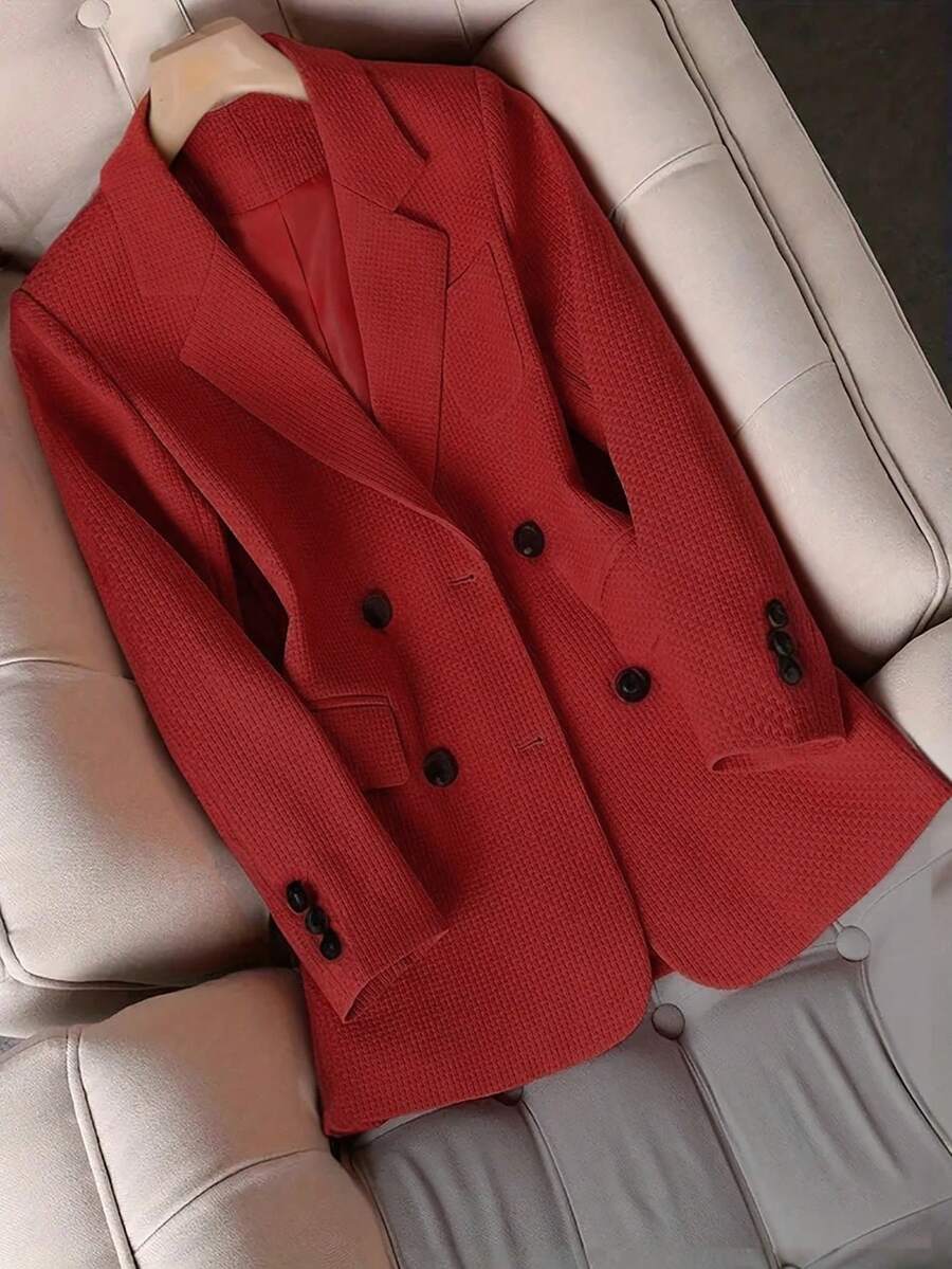 HOMEYEE Women's Lapel Collar Long Sleeve Pocket Spring Autumn Winter Vintage Elegant Casual Vacation Business Formal Office Lady Plus Size Jacket - Burgundy - View 1