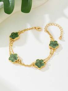 1pc Summer Beach Style Fashion Sweet Clover Pendant Anklet, 2-Layer Design, Random Bead Quantity On 2nd Layer, Gift For Women - Green - View 2