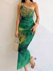 Women's Elegant Asymmetrical Neck Sleeveless Ruched Split Thigh Midi Cocktail Dress