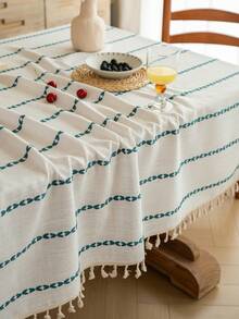 1pc Japanese Minimalist Ins-Style Green Geometric Stripe Embroidery Rectangular Tablecloth With Tassels, Washable, Suitable For Family Gatherings, Birthday Parties, Weddings, Dinners, Home Decor, All Seasons - Multicolor - View 6