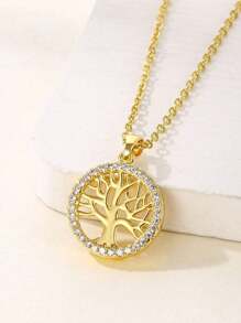 1 Collar con colgante del árbol de la vida de estilo bohemio elegante - Acero inoxidable 316 neutro con decoración de rhinestones, diseño circular dorado, un collar exquisito, adecuado para fiestas diarias y uso casual de las mujeres, joyería de moda, decoración del árbol de la vida/regalos festivos/para dar a amigos/para dar a familiares