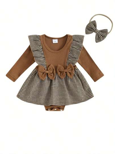 Robe-body d'automne pour bébé fille à manches longues, imprimé pied-de-poule avec volants, patchwork, avec serre-tête