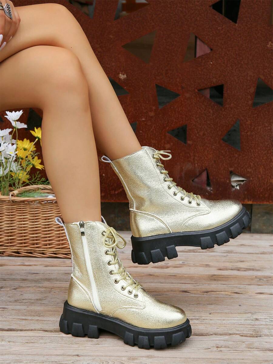 Women's Fashionable Simple Elegant Comfortable Casual Retro Classic Side Zipper Round Toe Lace-Up Decor Platform Short Boots
