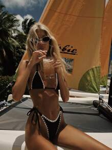 Women's Sexy Black Trim Crop Top Halter Bikini Set, Summer Beach