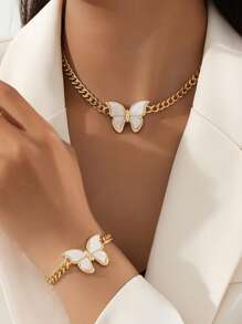 1 Set Vintage Thick Chain Butterfly Pendant Necklace & Bracelet