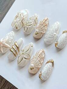 10片手工杏仁形美甲贴片，渐变棕色花朵、水滴、贝壳、金箔装饰，可重复使用美甲套装，包含1个果冻指甲锉和1个指甲抛光块，时尚可爱，亮泽美甲贴片，美甲用品，手工美甲贴片 - 彩色 - 查看 4