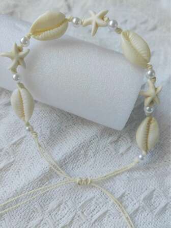 1pc Boho Handmade Woven Shell Starfish & Faux Pearl Anklet, Women Beach Resort Wear