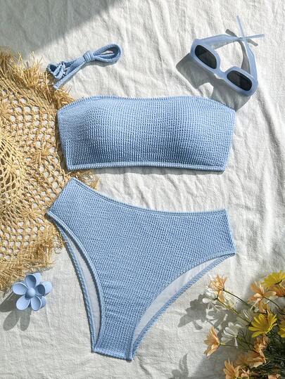 2pcs/Set Ribbed Bikini Swimsuit, Graduation/Independence Day Suitable Swimwear In Black, Red, Purple