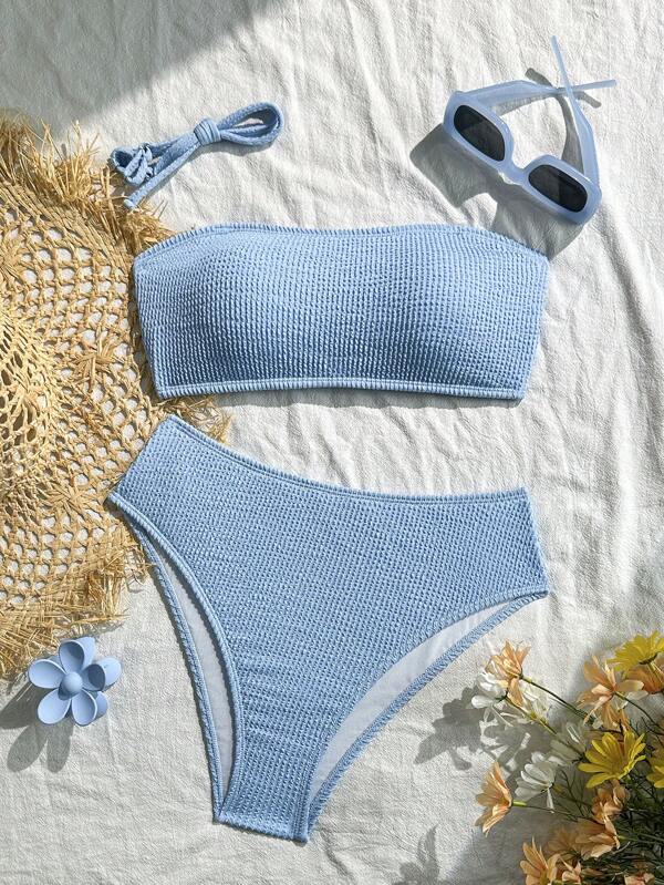 2pcs/Set Ribbed Bikini Swimsuit, Graduation/Independence Day Suitable Swimwear In Black, Red, Purple