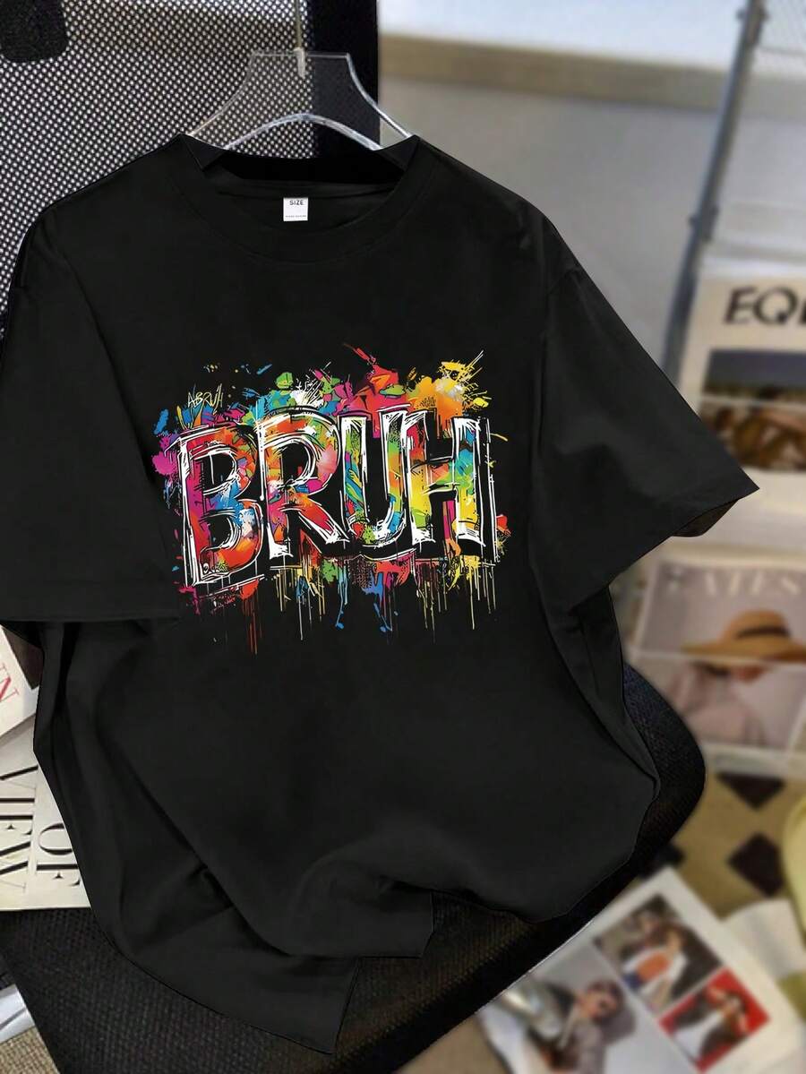 男童休闲简约标语印花圆领短袖T恤，新款夏季男童服装 - 黑色 - 查看 1