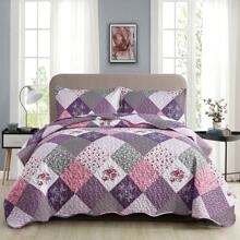 WONGS BEDDING Copriletto 220x240 cm Copriletto Patchwork Blu Copriletto Trapuntato Trapunta Motivo Fiori Copriletto in microfibra a quadri con 2 federe 50x75 cm