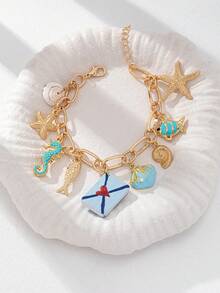 1pc BOHO Bohemia Style Shell, Turquoise Stone, Turtle, Starfish, Natural Stone Tassel Charm Bracelet, Summer Vacation Beach Style (Handmade, Shape And Color Are Random) - Multicolor - View 22