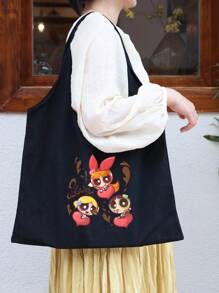 THE POWERPUFF GIRLS Cartoon Police Girl Printed Canvas Tote Bag, Large Capacity Casual Shoulder Bag, Versatile For Outdoor, Commute