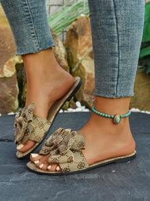 Women's Solid Color Flat Slippers With Bow Decoration, Casual Indoor And Outdoor Cloth Sandals, Fashionable And Comfortable, Bohemian Bow Design