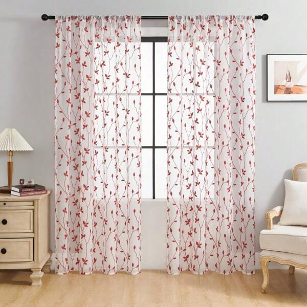 2 Pcs Transparent Sage Curtains With Embroidered Leaf Pattern & Pockets, Faux Linen Floral Semi-Sheer Voile Curtain For Bedroom, Living Room