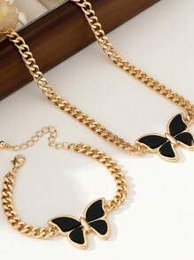 1 Set Vintage Thick Chain Butterfly Pendant Necklace & Bracelet